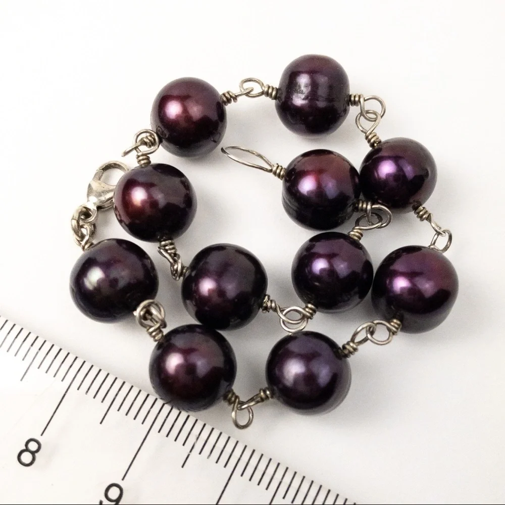 Freshwater Pearls Sterling Bracelet 925 Silver Handcrafted 9-10mm Purple Plum